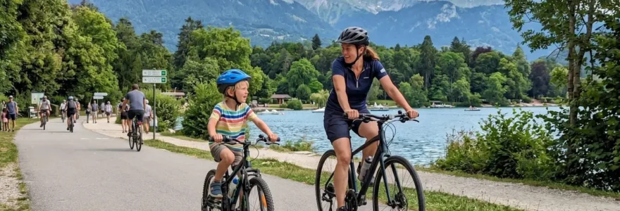 An adult and child cycling side by side on a smooth paved greenway with Lake Annecy's turquoise waters visible through trees in the background