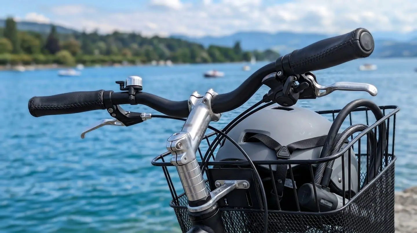 Close-up of modern bicycle handlebars with helmet resting in front basket and lock attached to frame, blurred lake water in background