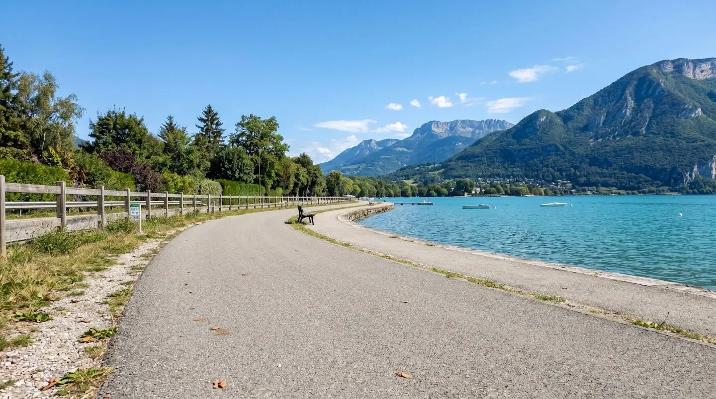 Empty paved greenway stretching toward Lake Annecy with Alpine mountains rising in the background under clear blue sky